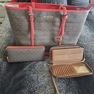 Michael Kors Brown and Red Tote Bag (Wallet Choice Sold Separate)
